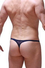 Navy blue sheer mesh thong plellis net design showing the back side with delicate transparent fabric