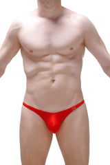 PetitQ thong Plellis red shiny satin with small rectangular logo on the sideband showing the front view