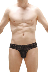 Black lace-trimmed men’s thong plessis lace black with sheer, form-fitting design shown from the back side