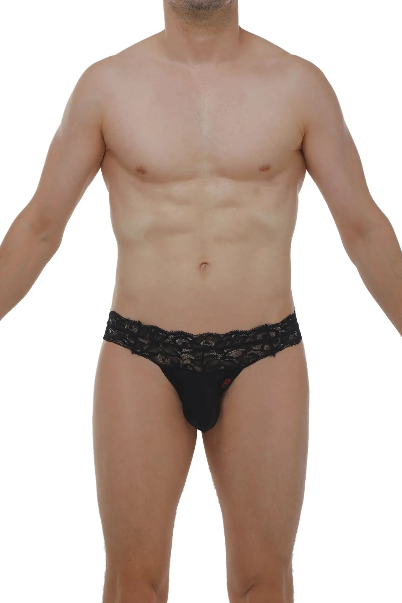 Black lace-trimmed men’s briefs thong plessis lace black with a sleek form-fitting design showing the front side