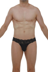 Black lace-trimmed men’s briefs thong plessis lace black with a sleek form-fitting design showing the front side