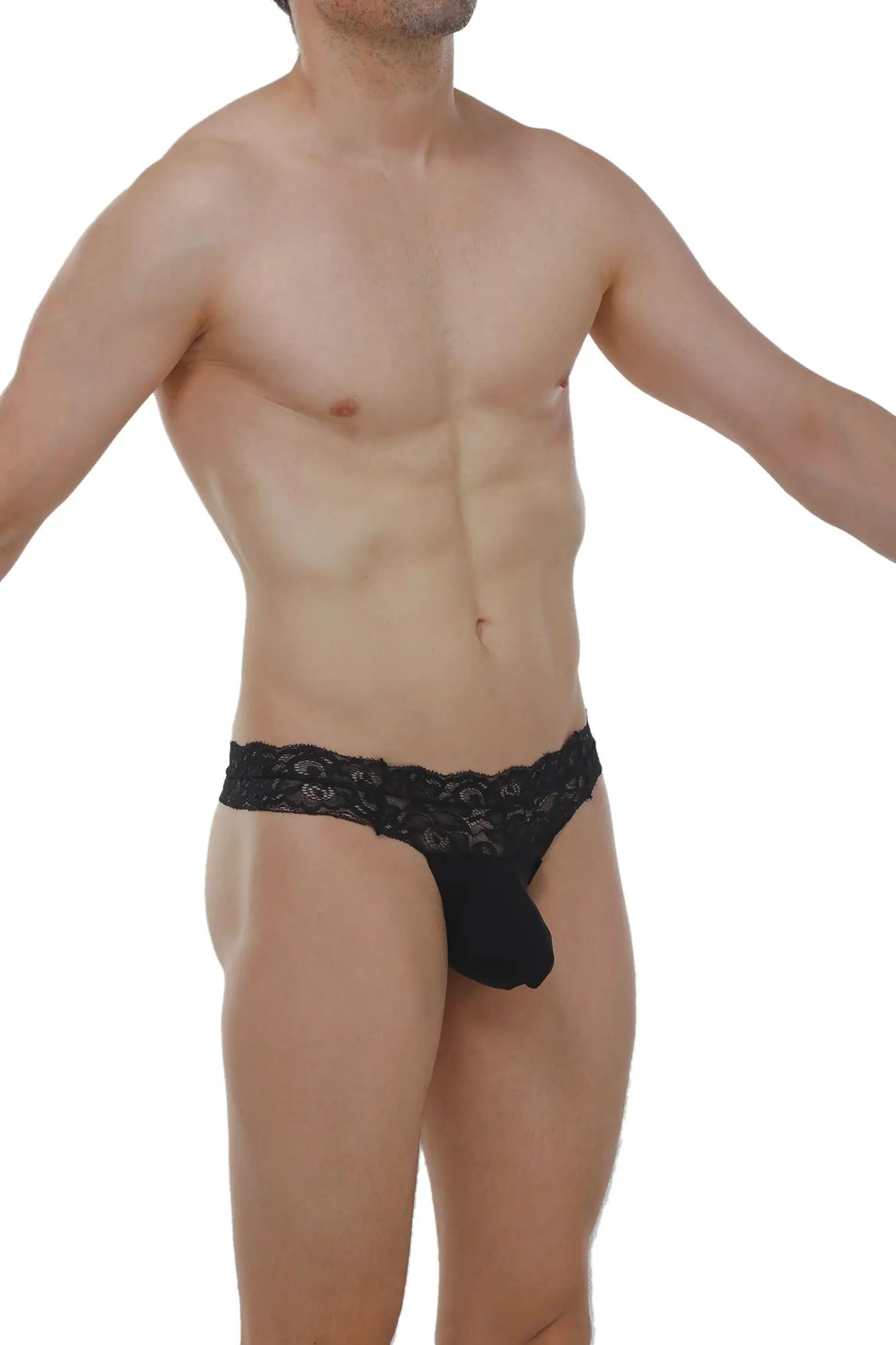 Black lace-trimmed men’s thong with solid black fabric pouch from thong plessis lace black collection