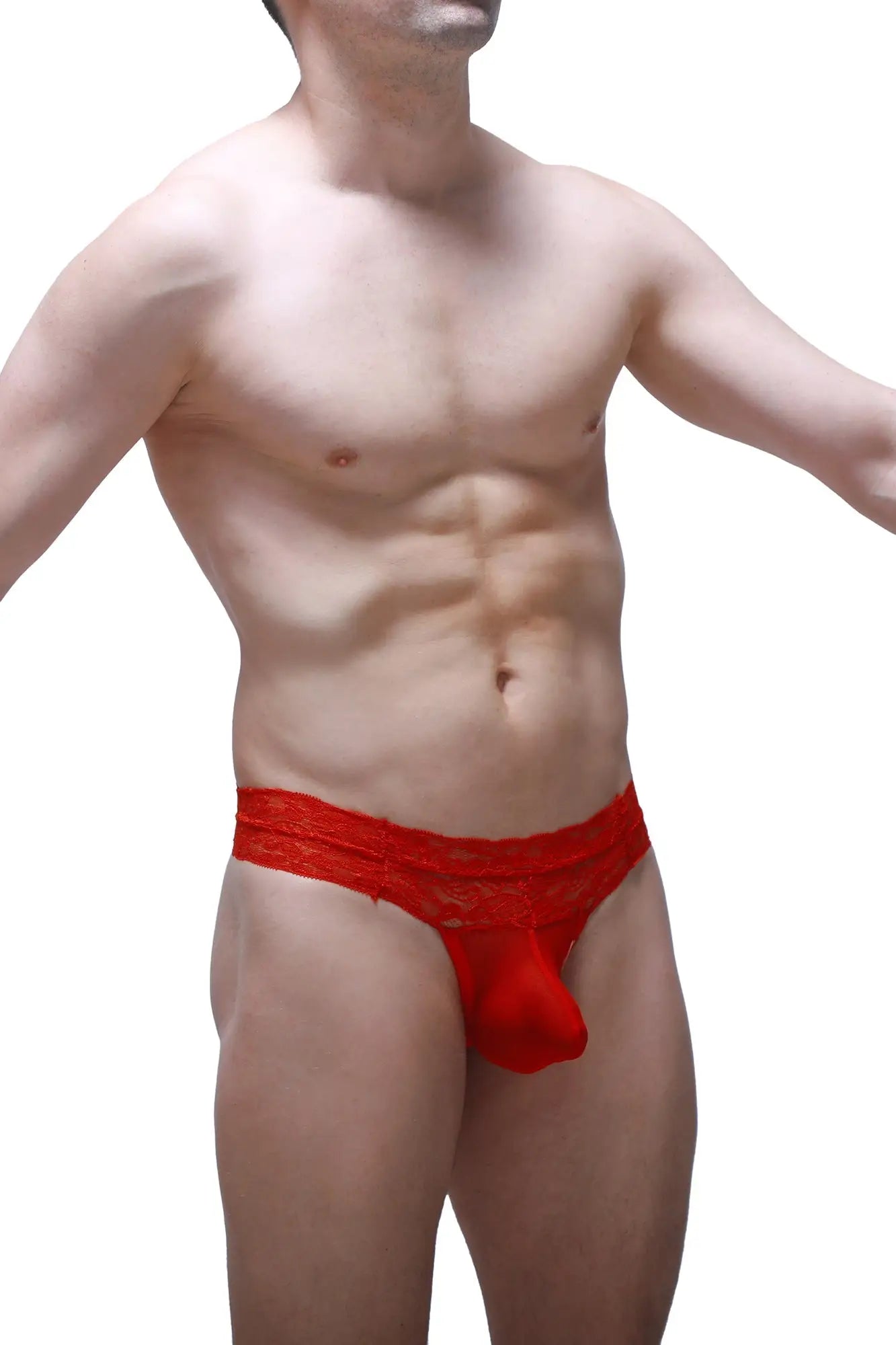 Red lace thong plessis net red with a sheer intricate pattern and solid red pouch front view