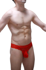 Red lace men’s thong plessis plum red with a prominent pouch designed for comfort and style