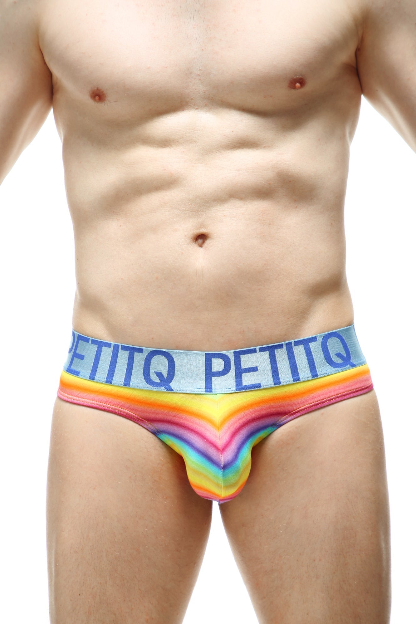 Petitq thong protruder andiol rainbow-striped mens briefs with blue waistband and bold petitq logo