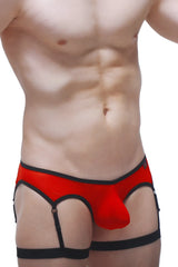 Men’s red and black thong roaix briefs with distinctive suspender design for bold stylish underwear look
