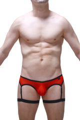 Red and black men’s briefs thong roaix red with supportive strappy design shown from the back side