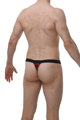 Black thong with red graphic design from petitq thong rompon boudoir shown from the back side