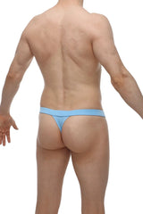Light blue form-fitting thong made of smooth bamboo fabric shown from the back in thong sillas bamboo blue design