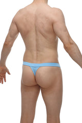 Light blue form-fitting thong made of smooth bamboo fabric shown from the back in thong sillas bamboo blue design