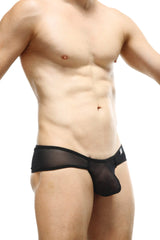 Black sheer mesh thong toga net briefs with a supportive contoured design showing the back side of the product