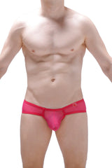 Bright pink transparent mesh thong with solid red waistband called thong toga net fuchsia shown from front side