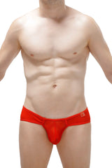 Bright red thong toga net briefs with sheer mesh fabric solid waistband and small square logo on the side