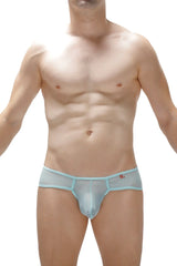 Light blue sheer mesh briefs with matching elastic waistband and subtle red logo on the side thong toga net teal
