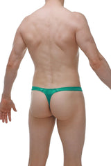 A sleek emerald green satin thong with a smooth finish from Thong Tower shown from the back side