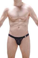 Black mesh thong vaivre black with a silver buckle and red logo on the waistband showing the front side