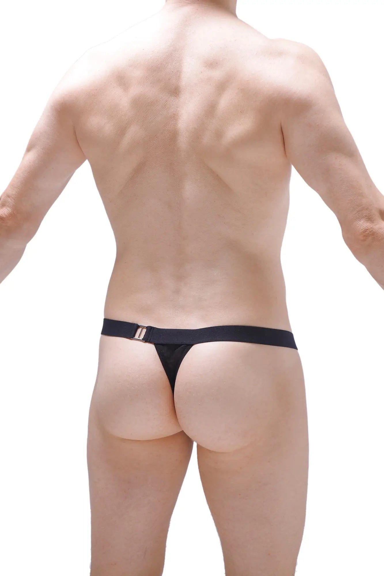 Back view of thong vaivre black thong with metallic buckle detail and sleek black fabric design