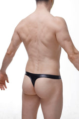 Black patent leather thong with sleek glossy finish from thong zip vinyl black, shown from the back side