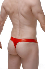 Red shiny latex thong zip vinyl red showcasing the back side with a sleek zip detail