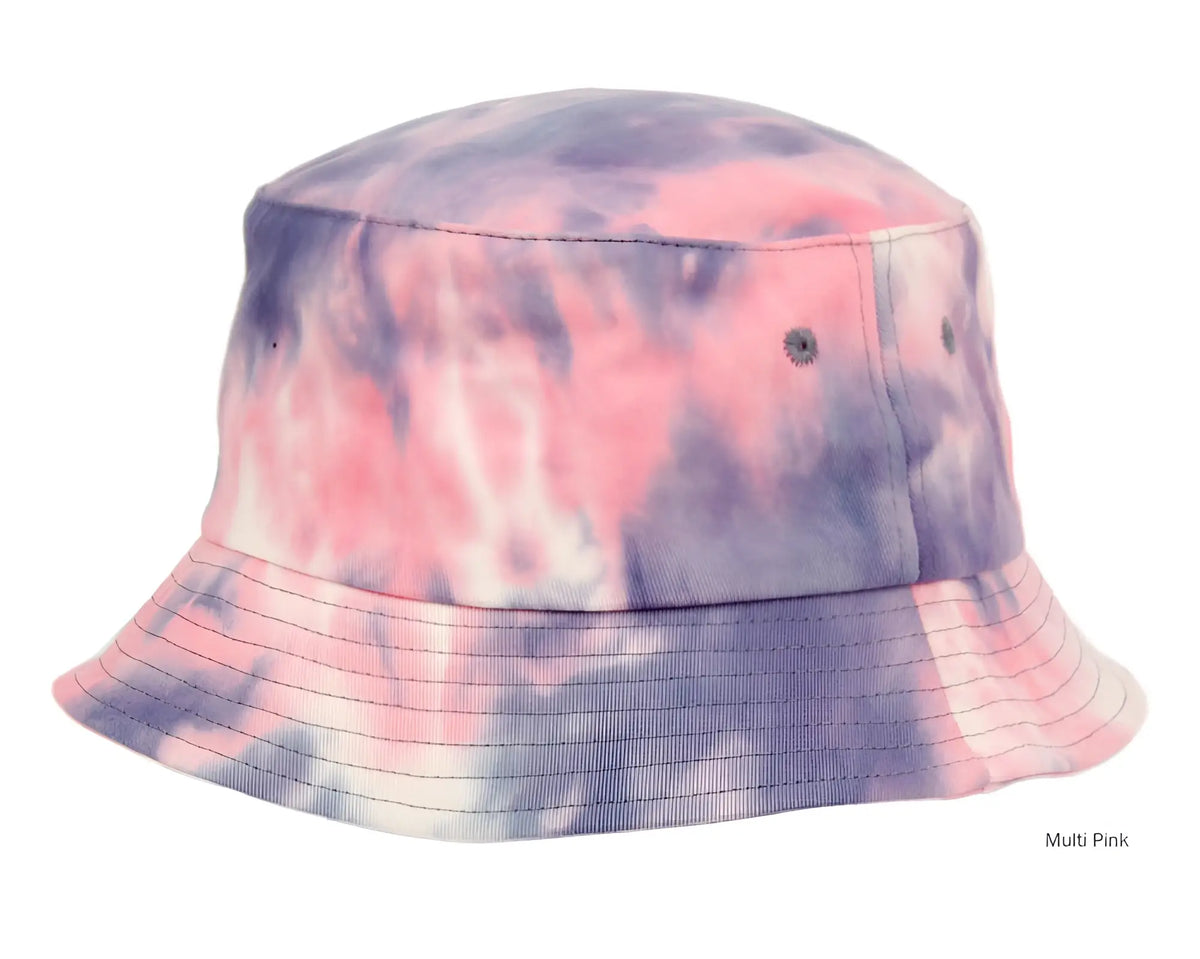 A soft tie dye bucket hat in pink and purple hues with subtle white streaks for casual wear