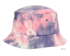 A soft tie dye bucket hat in pink and purple hues with subtle white streaks for casual wear