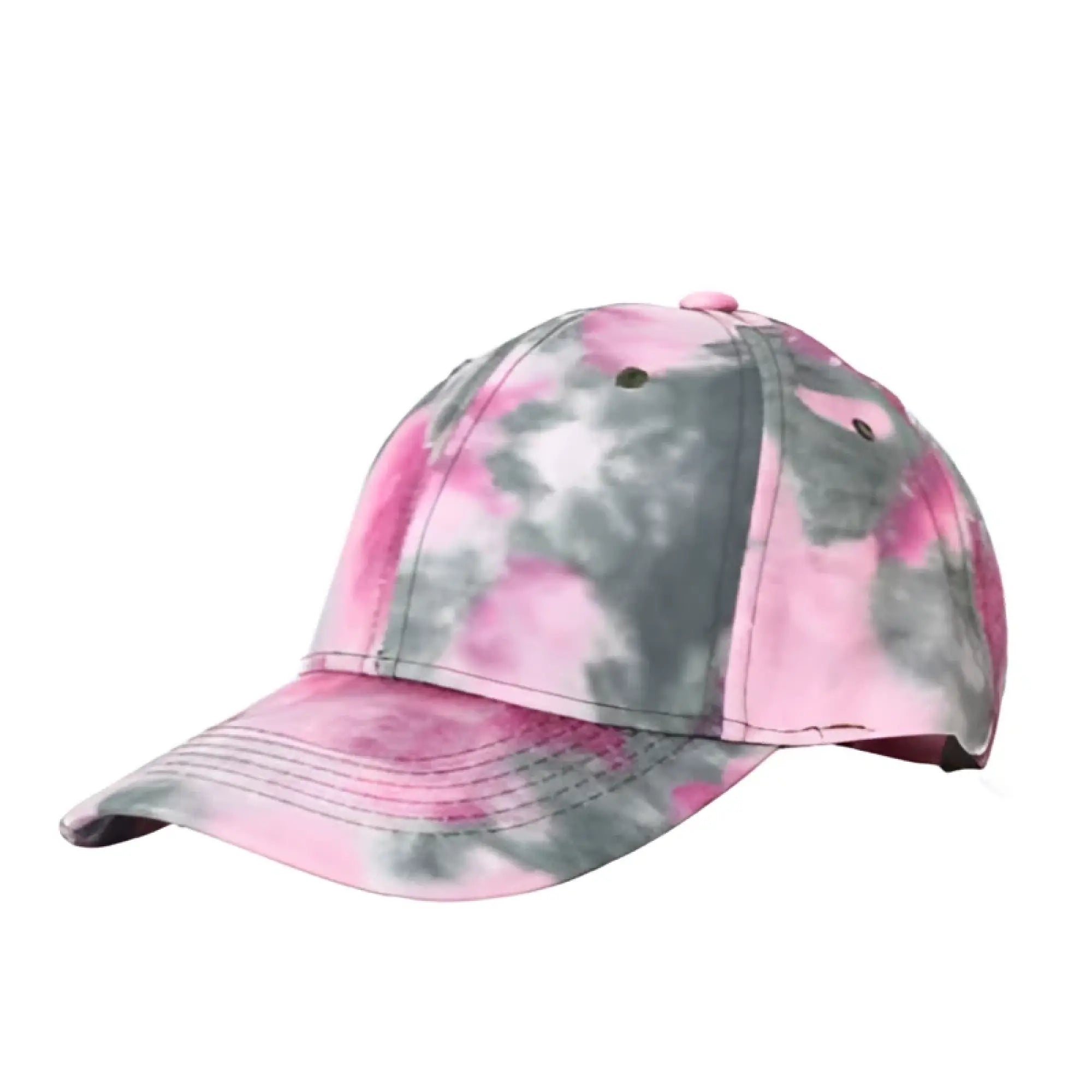 Pink and gray tie-dye baseball cap with curved brim made of soft fabric for casual outdoor wear