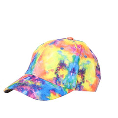 A vibrant tie-dye cap with a colorful swirling pattern of yellow blue pink and orange on soft fabric