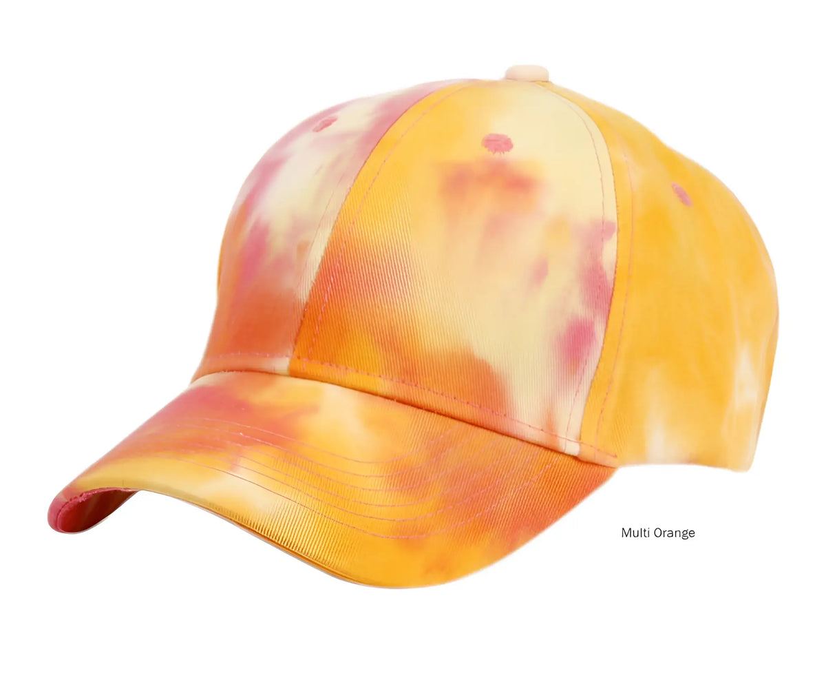 A vibrant multi-orange tie dye cap with stitched panels and a curved brim perfect for casual wear
