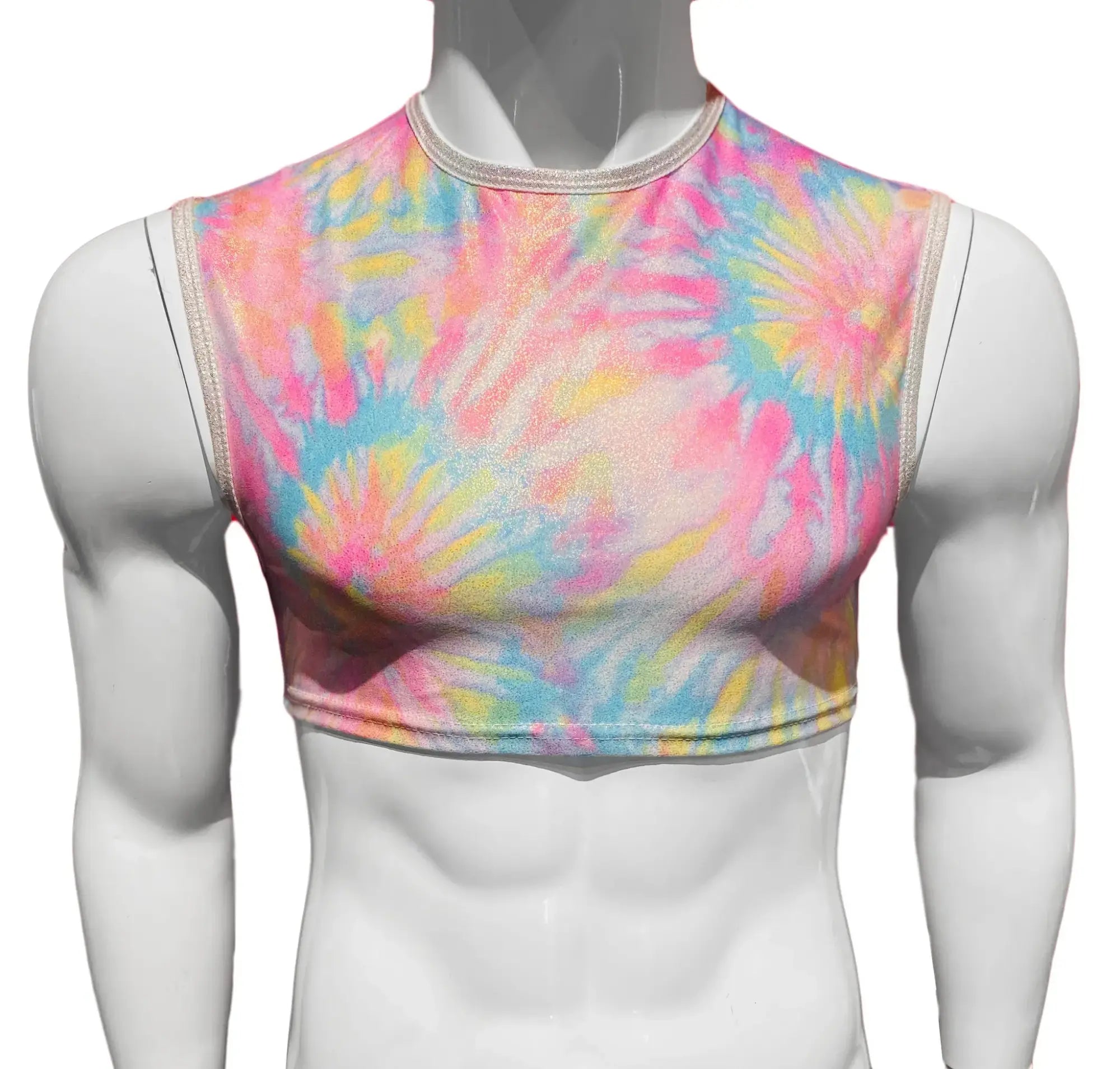 A vibrant sleeveless tie dye crop top in pink blue yellow and white perfect for casual summer wear