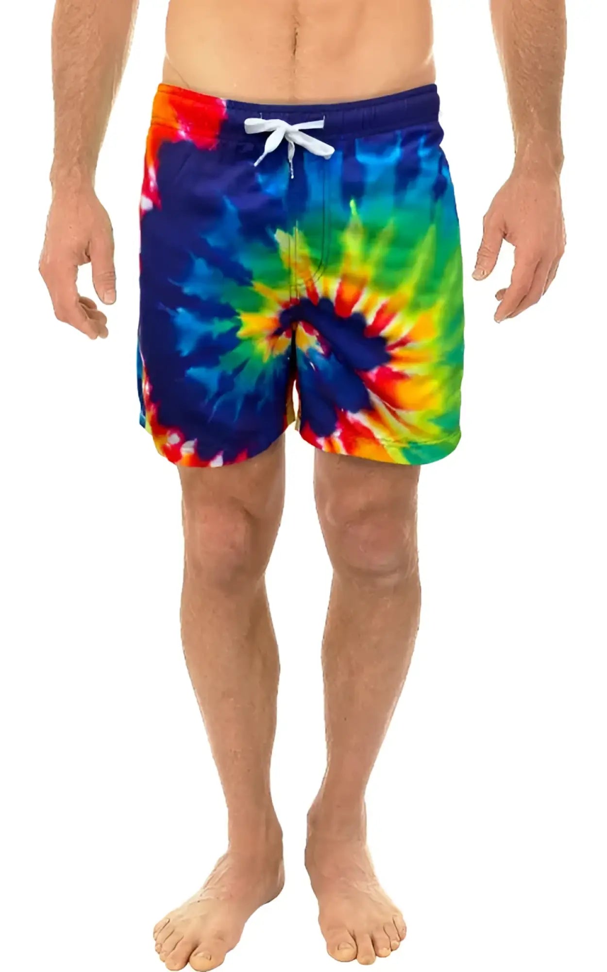 Tie dye swim short featuring vibrant blue green yellow and red swirling pattern with white drawstring waistband