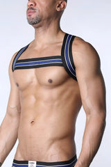 Tight end elastic harness black and blue striped athletic chest strap with white accents for secure fit