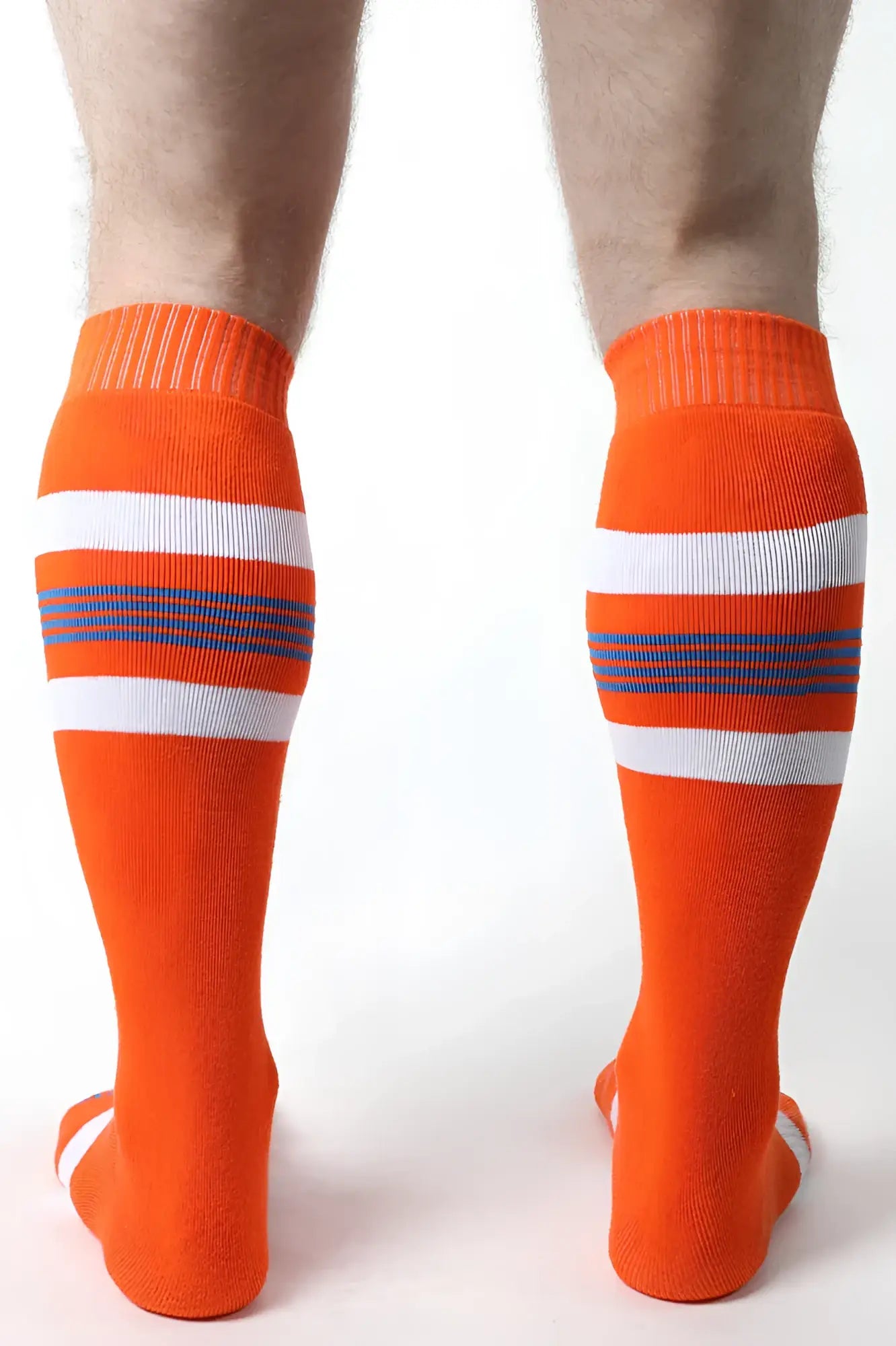 Bright orange tight end knee high athletic socks with white and navy blue horizontal stripes for sports use