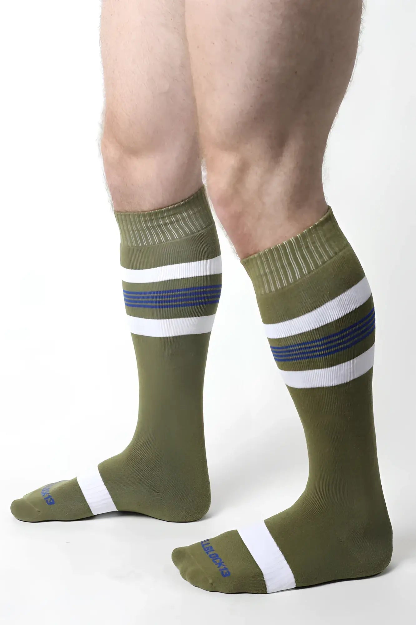Olive green tight end knee high socks with white and navy stripes ribbed cuff and toe for athletic use