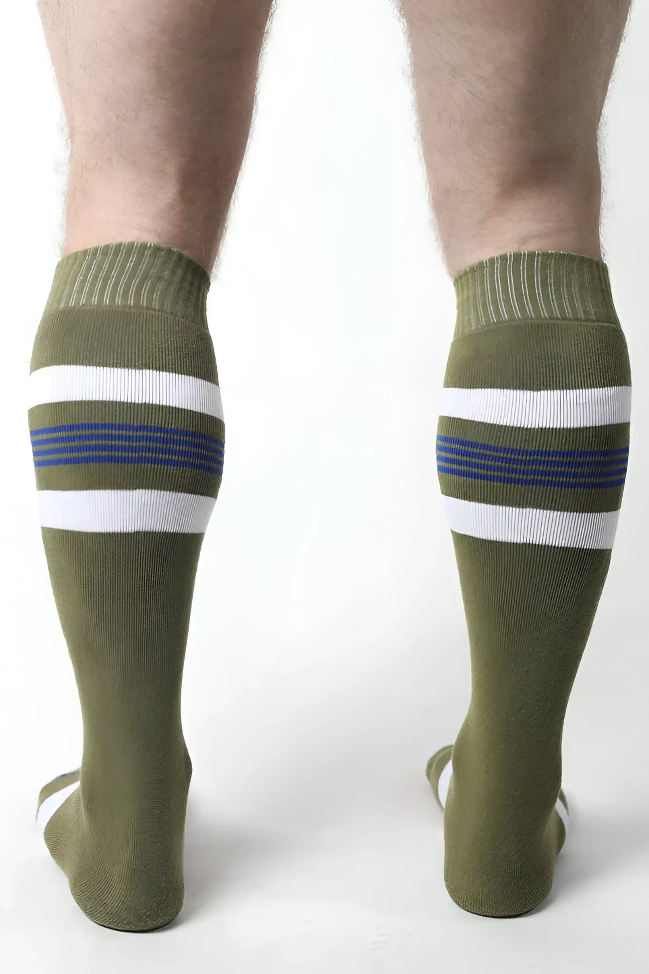 Olive green tight end knee high socks with two white stripes thin blue lines and ribbed cuff for athletic wear