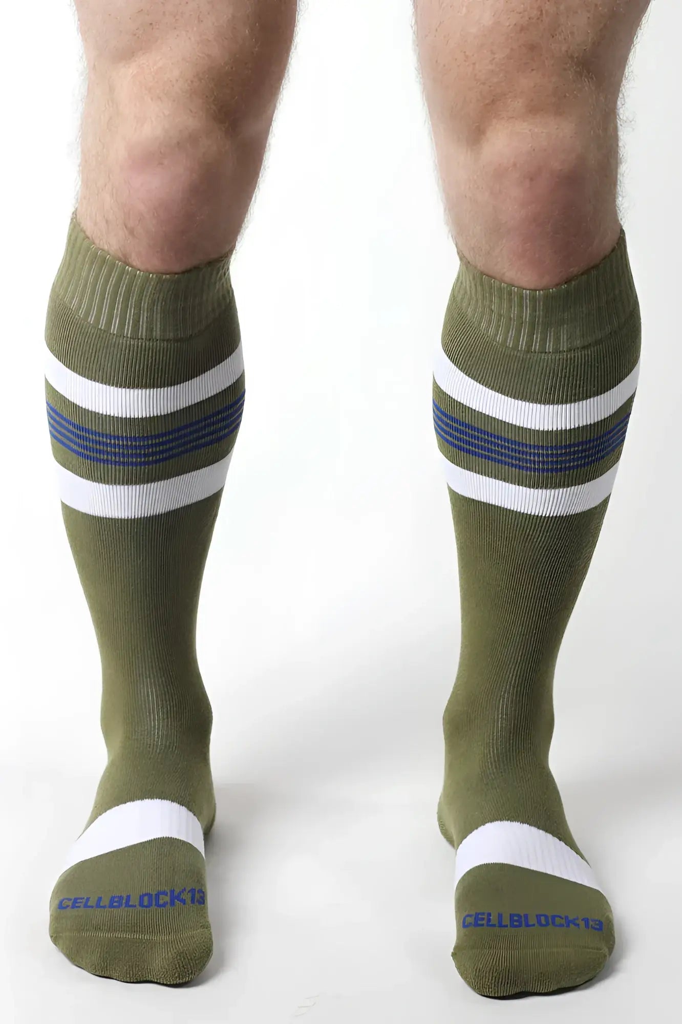Olive green tight end knee high socks with white and navy blue stripes ribbed cuff and toe band