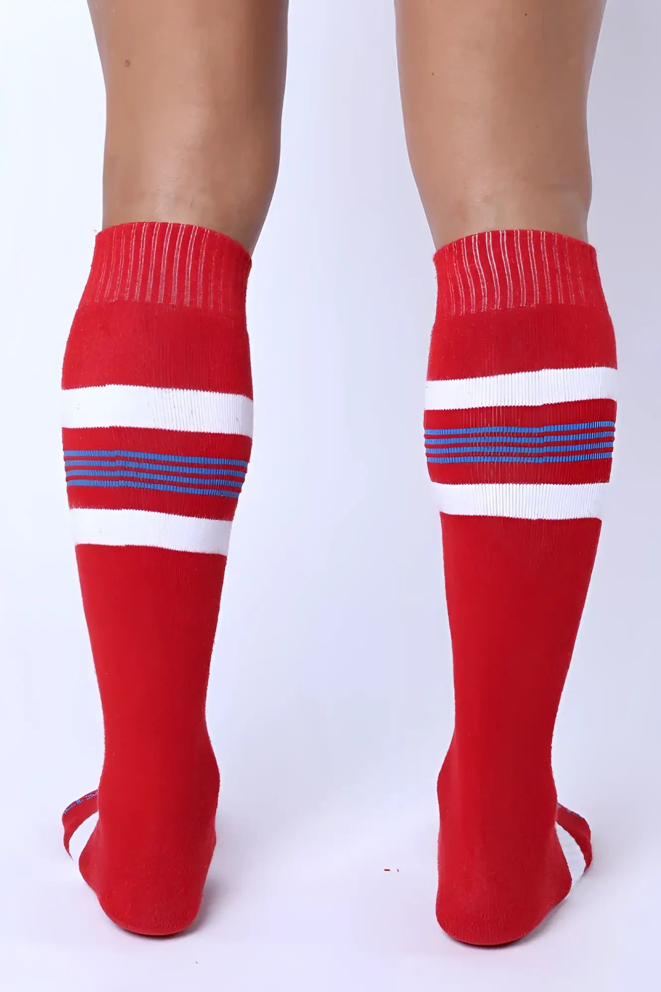 Red knee high socks with white and blue stripes from the tight end knee high socks collection in 4 colors