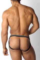 Black athletic swimmer jockstrap with white trim designed for tight end support and active use