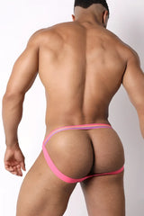 Pink and purple striped tight end swimmer jockstrap designed for athletic pride swimwear use