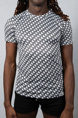 Black and white geometric patterned short sleeve rash guard tee designed for sun protection and active wear
