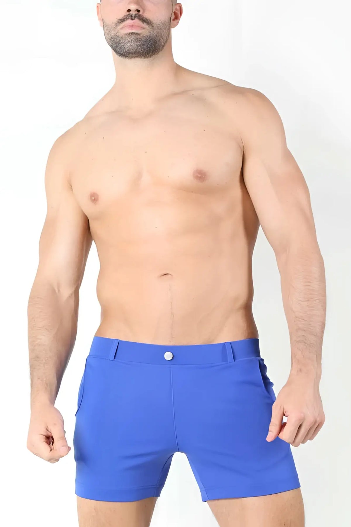 Bright blue Timoteo Santa Monica shorts with a sleek modern design and single button closure size M