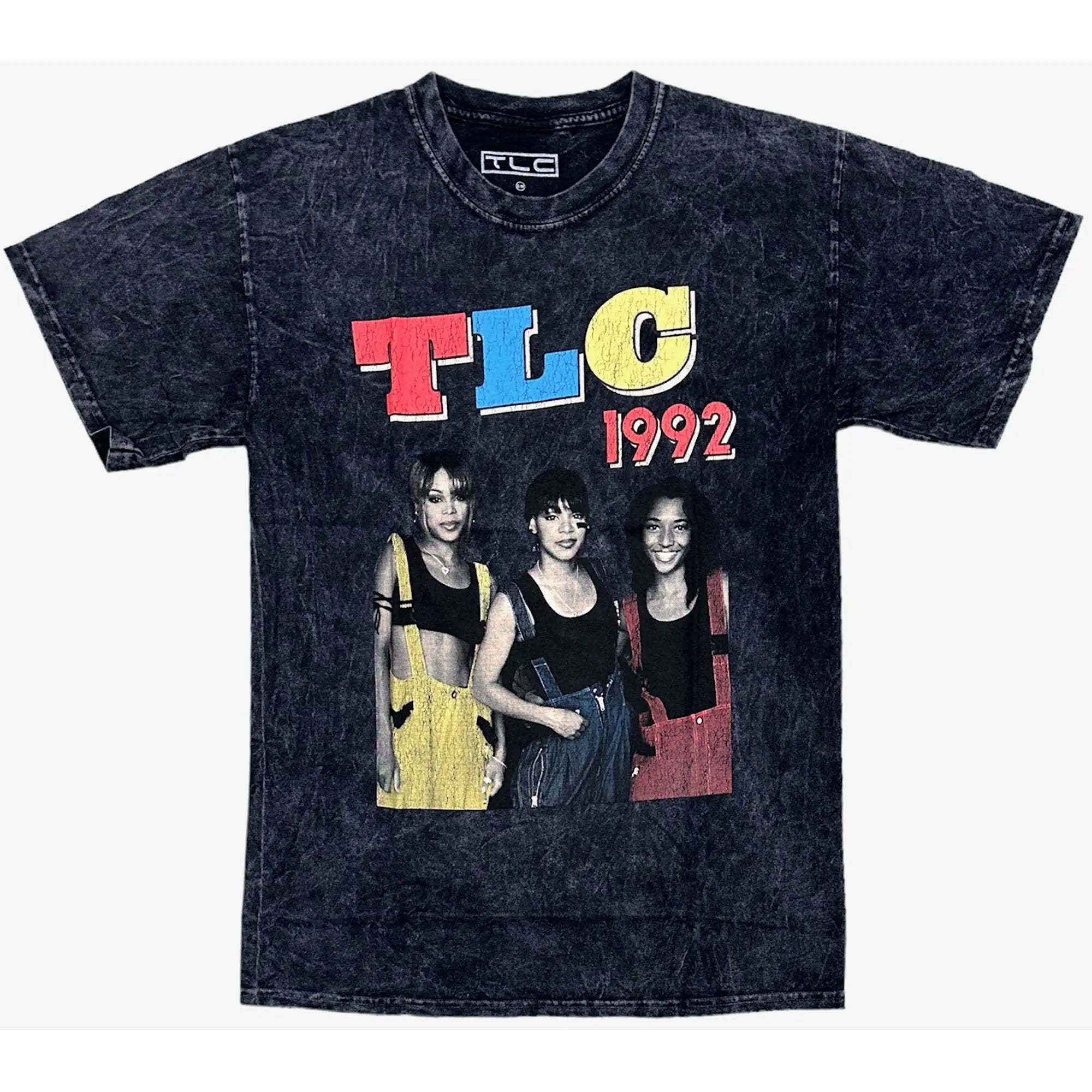 Black distressed cotton t-shirt featuring vibrant 1992 tlc graphic with colorful lettering and iconic photo