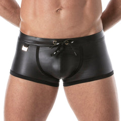 Fetish swim trunks made of black patent leather with a drawstring waistband and side pockets