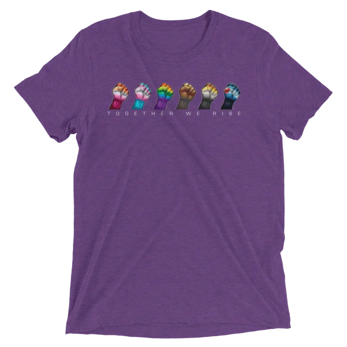 Purple heathered cotton t-shirt with five colorful raised fists and the phrase together we rise printed below