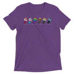 Purple heathered cotton t-shirt with five colorful raised fists and the phrase together we rise printed below