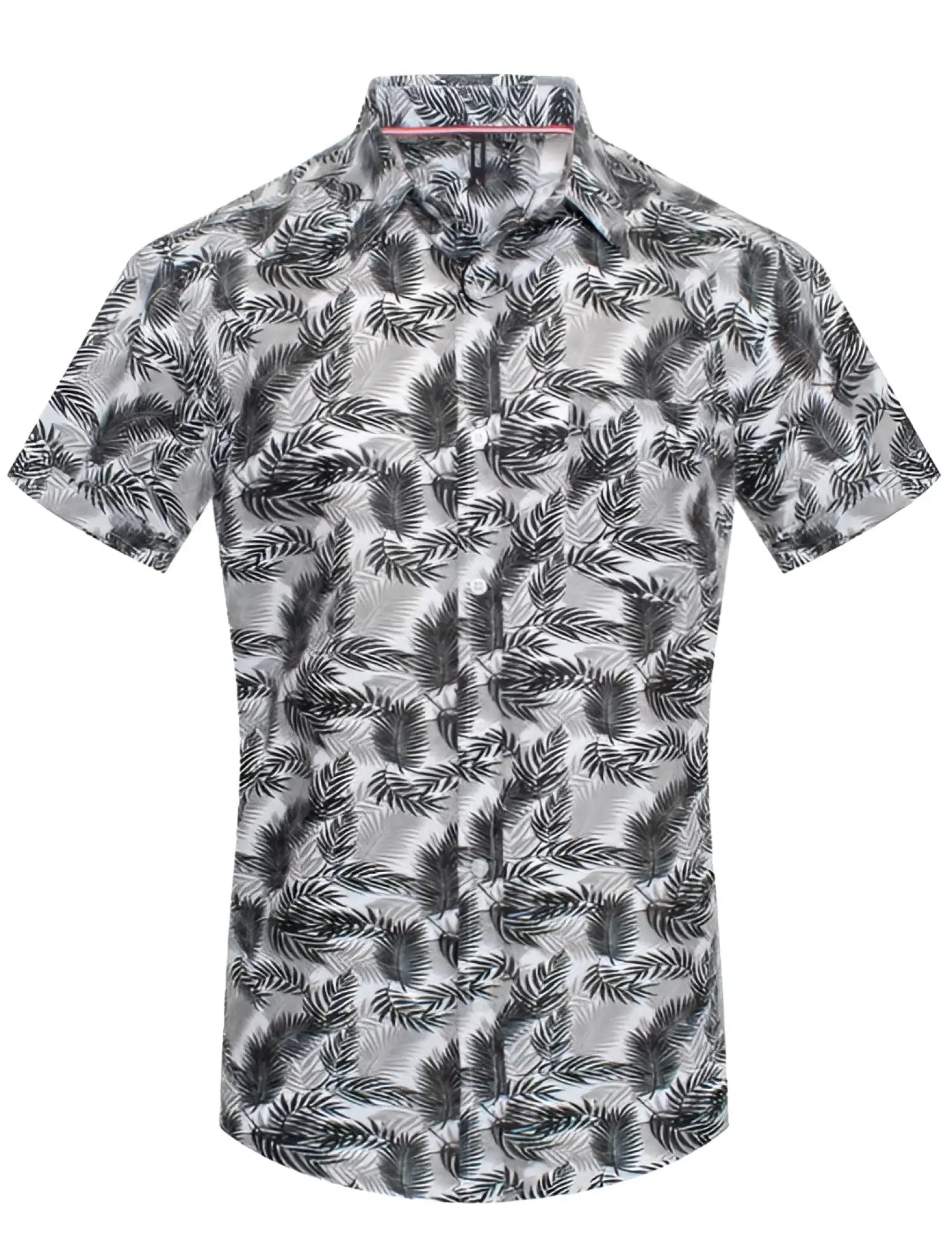 Toku palm print shirt short-sleeved button-up with black and white tropical leaf pattern on light gray fabric