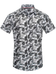 Toku palm print shirt short-sleeved button-up with black and white tropical leaf pattern on light gray fabric