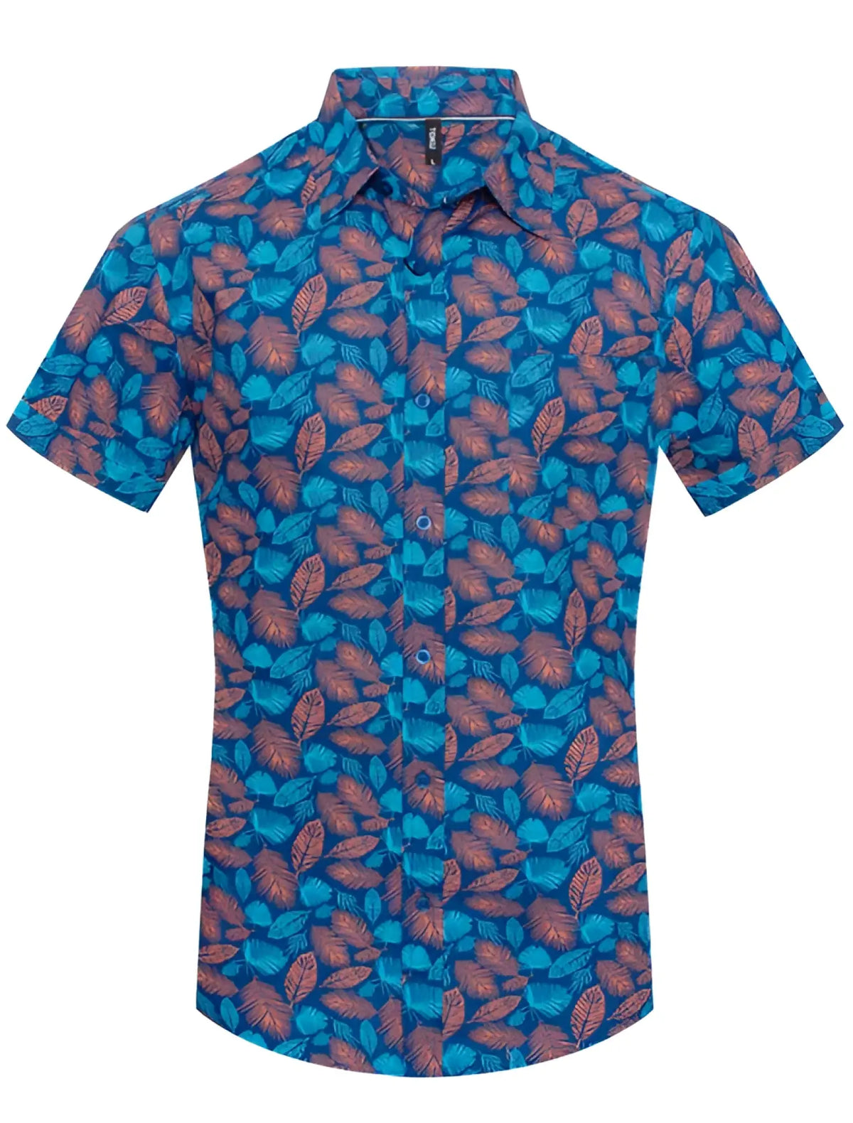 Toku palm print shirt vibrant blue short-sleeved button-up with rust-colored leaf pattern