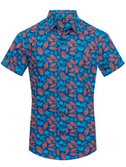 Toku palm print shirt vibrant blue short-sleeved button-up with rust-colored leaf pattern
