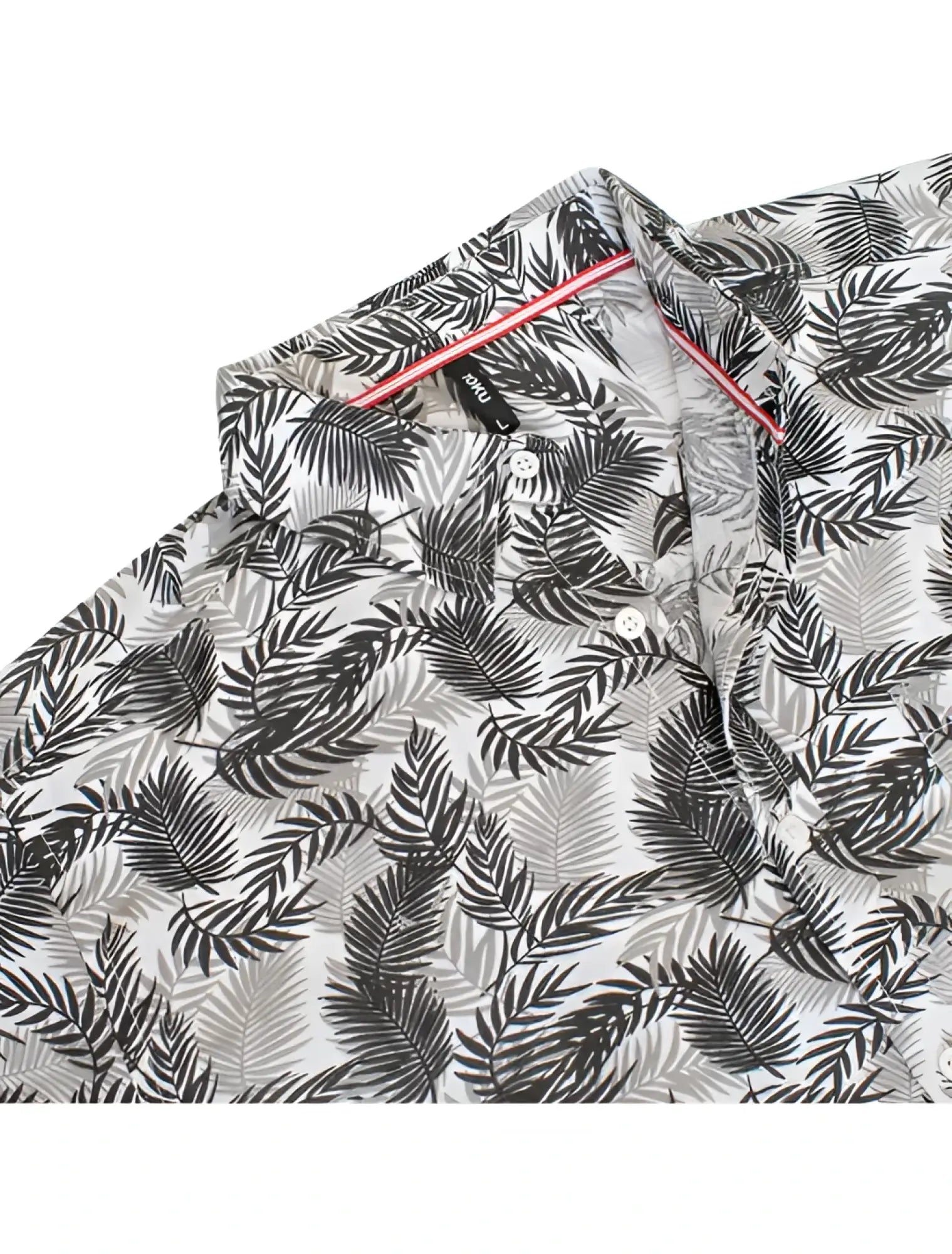 Toku palm print shirt white button-up with black and gray tropical palm leaves and pink inner collar trim