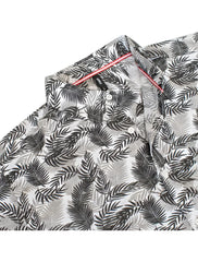 Toku palm print shirt white button-up with black and gray tropical palm leaves and pink inner collar trim